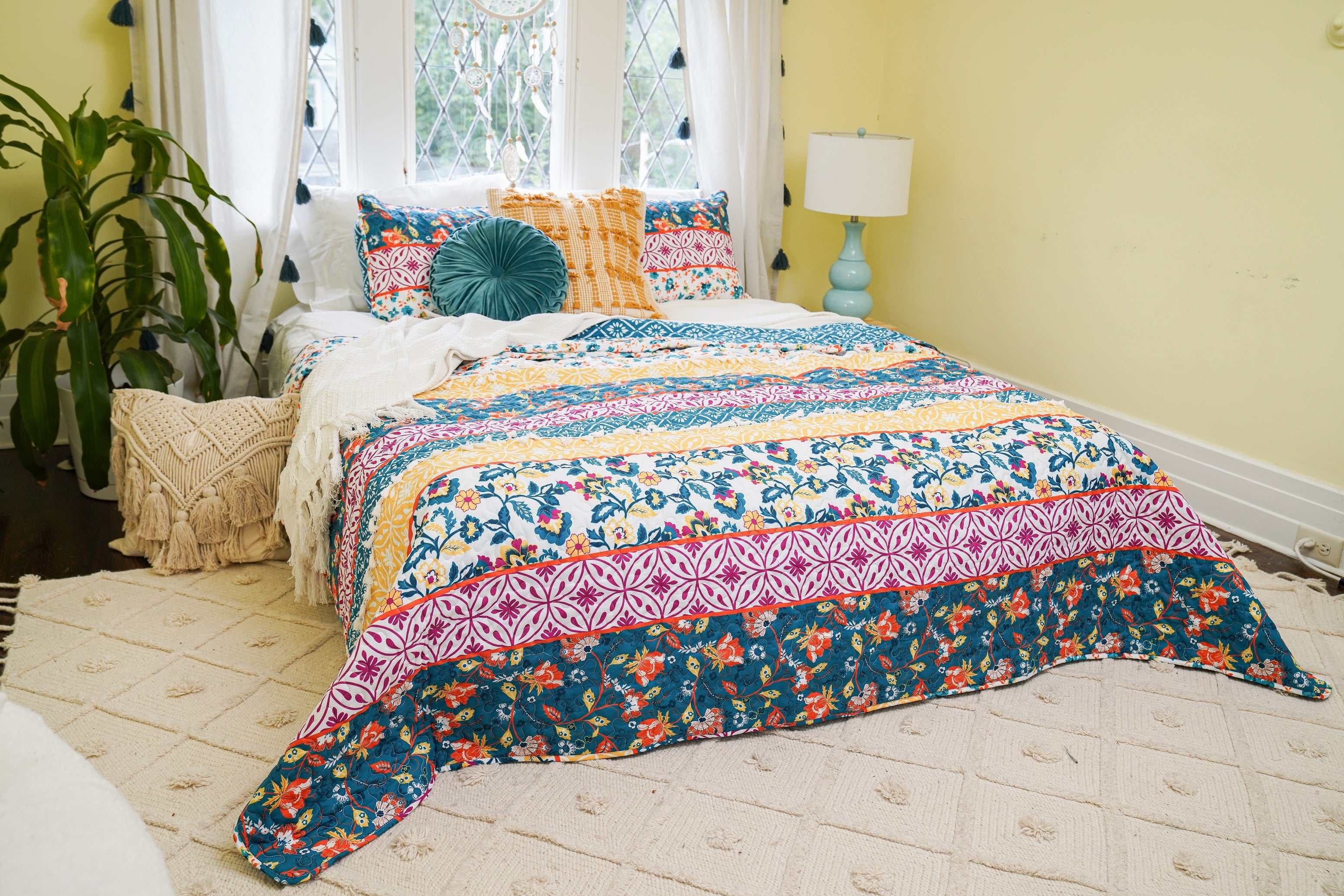 Bedding Bundle: Emily Boho Stripe Quilt Set + Waffle Cotton Knit Blanket