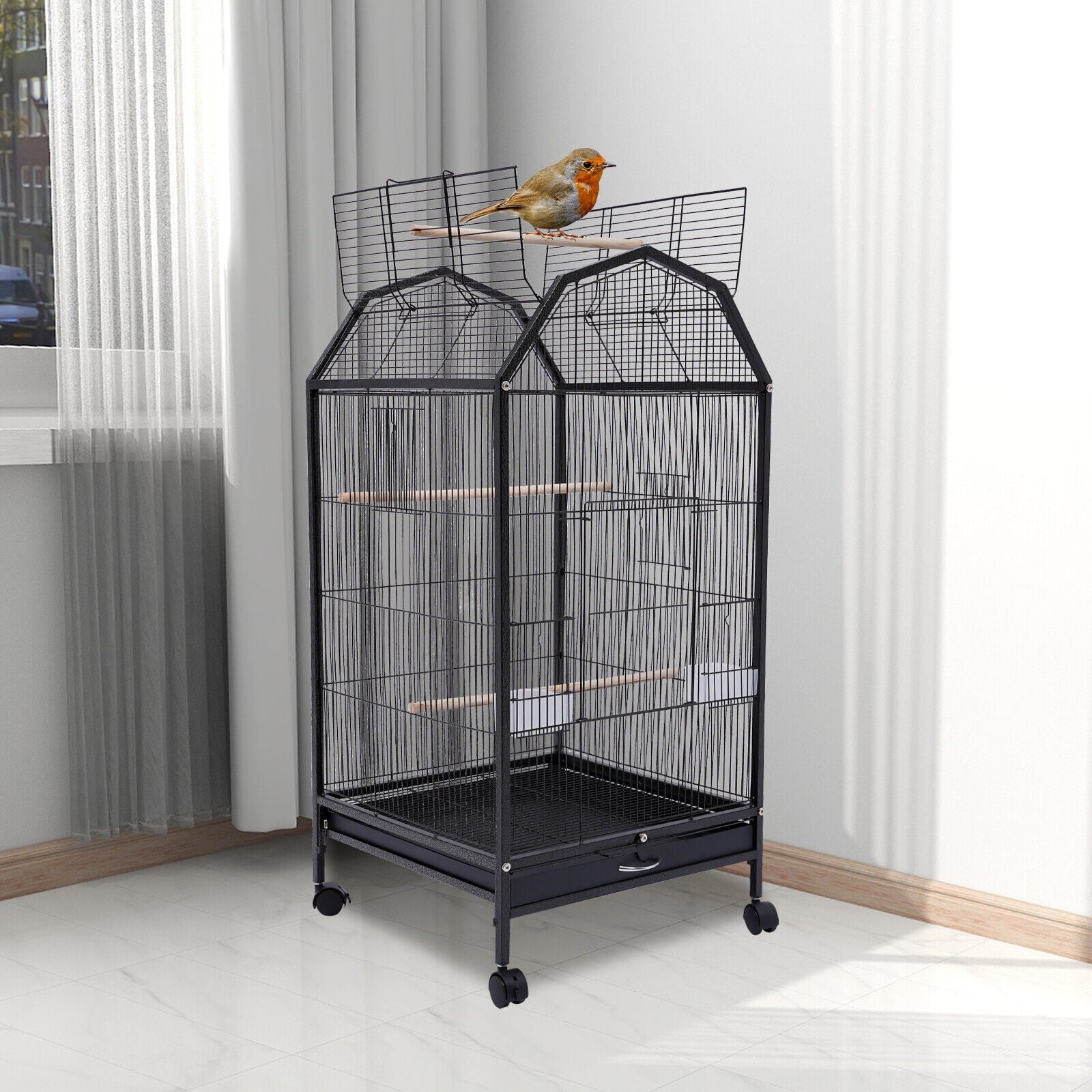 Miumaeov Black Iron Parakeet Bird Cage with Stand Metal Panorama Pet Bird Flight Cages with Wheels Feeding Cups and Standing Poles