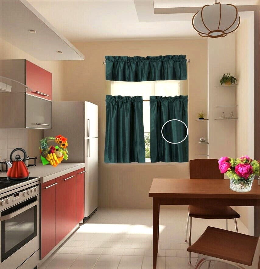 Set of 3 pieces Kitchen Curtain Blackout K4 Hunter color Rod Pocket Bathroom Short Window Include Two (2) Tier Panels Linen + One (1) Matching Swag Valance