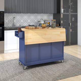 Blue Wood Rolling Mobile 52.7 in. Kitchen Island with Drop Leaf BKPP-billkin-51