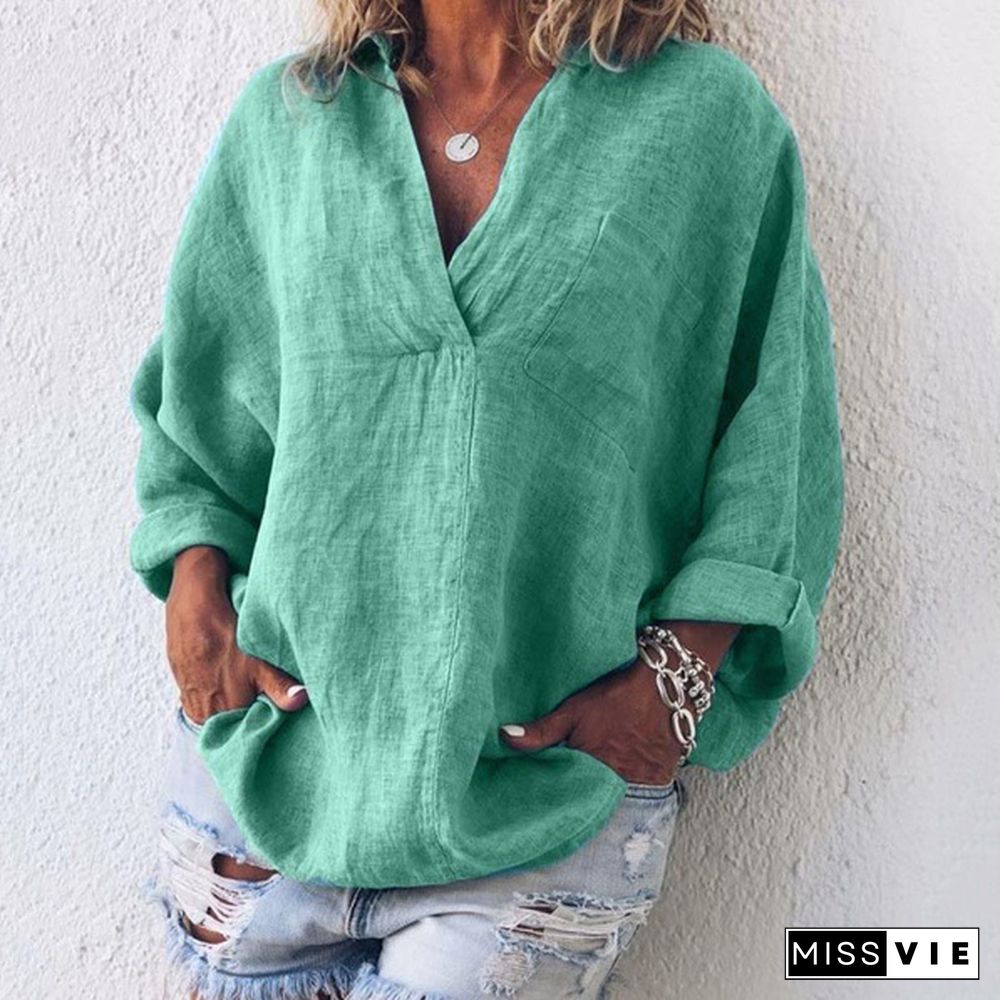 XS-8XL Spring Summer Clothes Plus Size Tops Fashion Women's Tunics Deep V-neck Shirts Ladies Long Sleeve Pullover Loose T-shirts Solid Color Linen Blouses