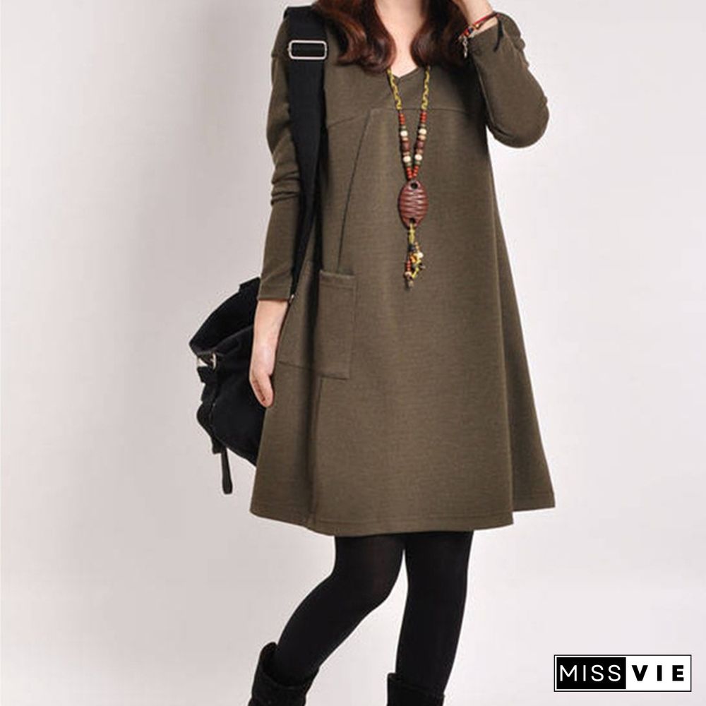 Women Autumn Long Sleeve Pocket Loose Maternity Swing Dress Casual Cotton V-neck Pregnancy Dress