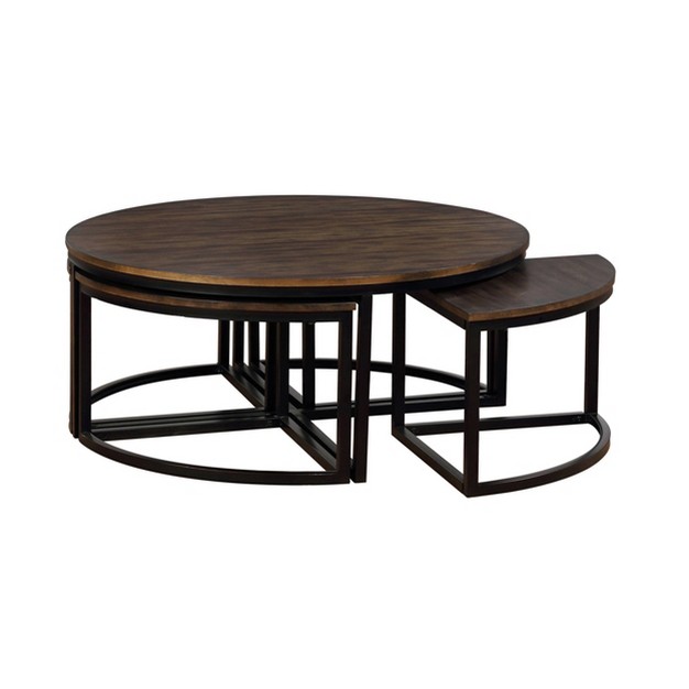 Arcadia Acacia Wood Round Coffee Table With Nesting Tables Dark Brown Alaterre Furniture