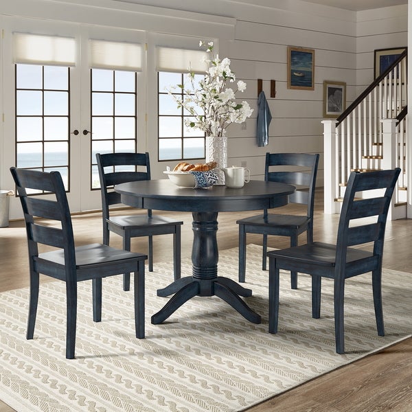 Wilmington II Round Pedestal Base Antique Dark Denim 5-Piece Dining Set by iNSPIRE Q Classic