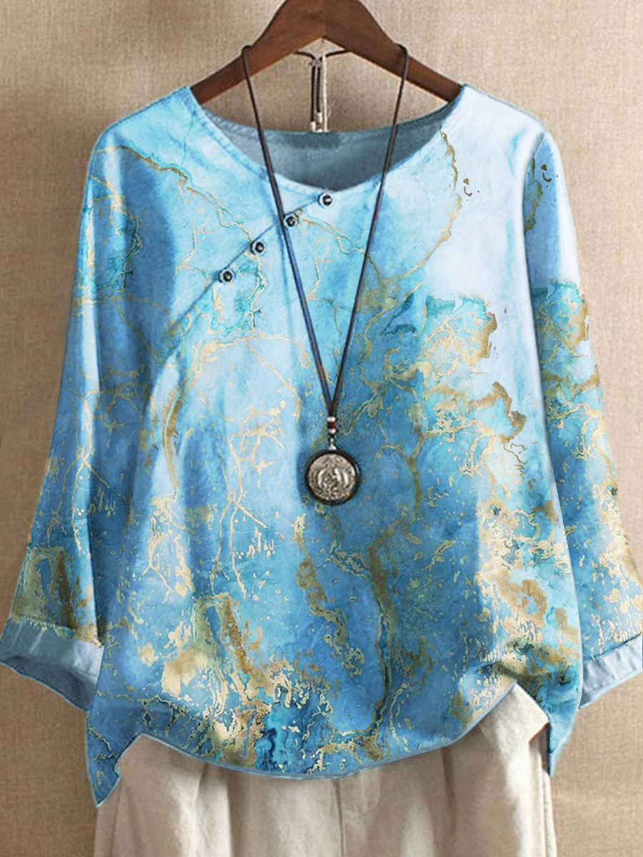 Round Neck Casual Loose Bronze Marble Print Long Sleeve Blouse