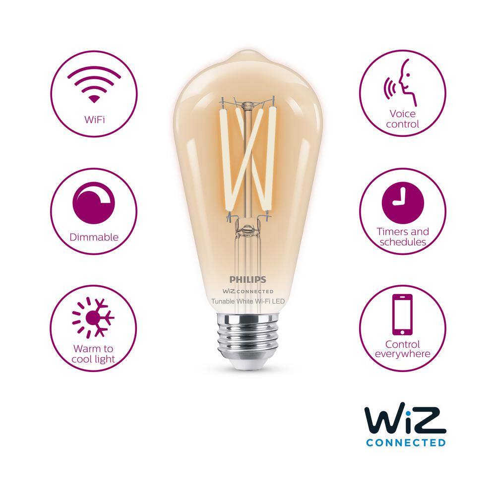 Philips 60-Watt Equivalent ST19 Smart Wi-Fi LED Vintage Edison Tuneable White Light Bulb Powered by WiZ with Bluetooth (1-Pack) 567172