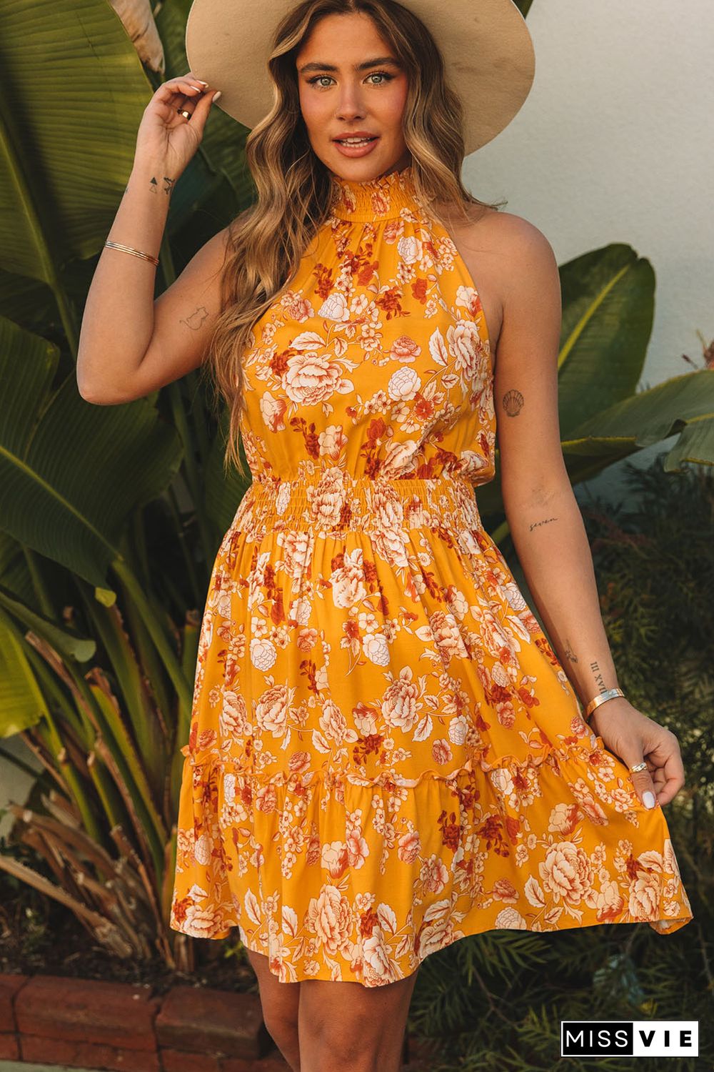 Yellow Sleeveless Smocked Waist Floral Dress