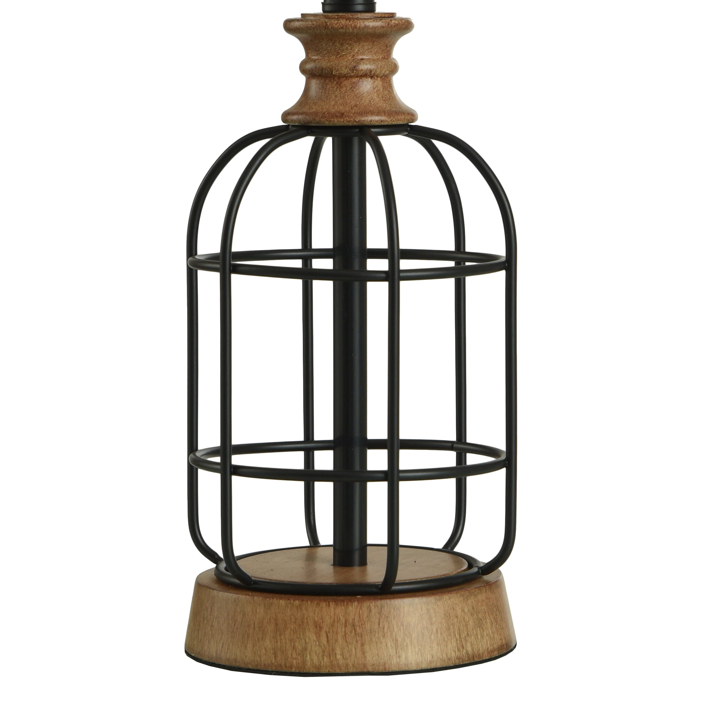 Mainstays Black Metal Cage Table Lamp with Wood Accents and Drum Shade, 17