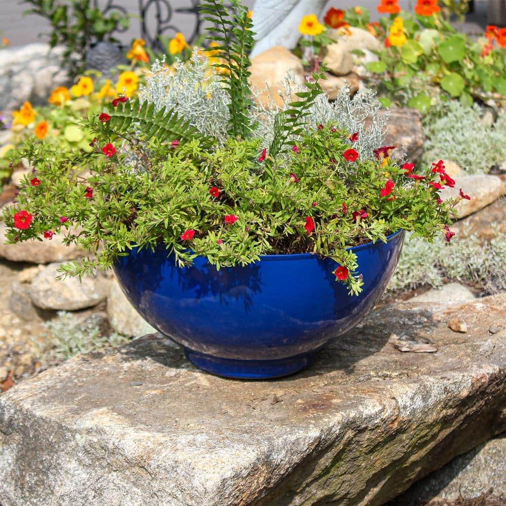 ACHLA DESIGNS 16 in. W Round French Blue Galvanized Steel Bowl Planter Pot C-60FB