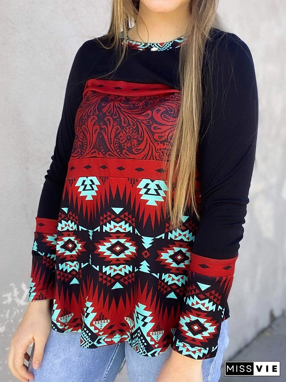 Vintage Crew Neck Printed Long Sleeve Shirts & Tops