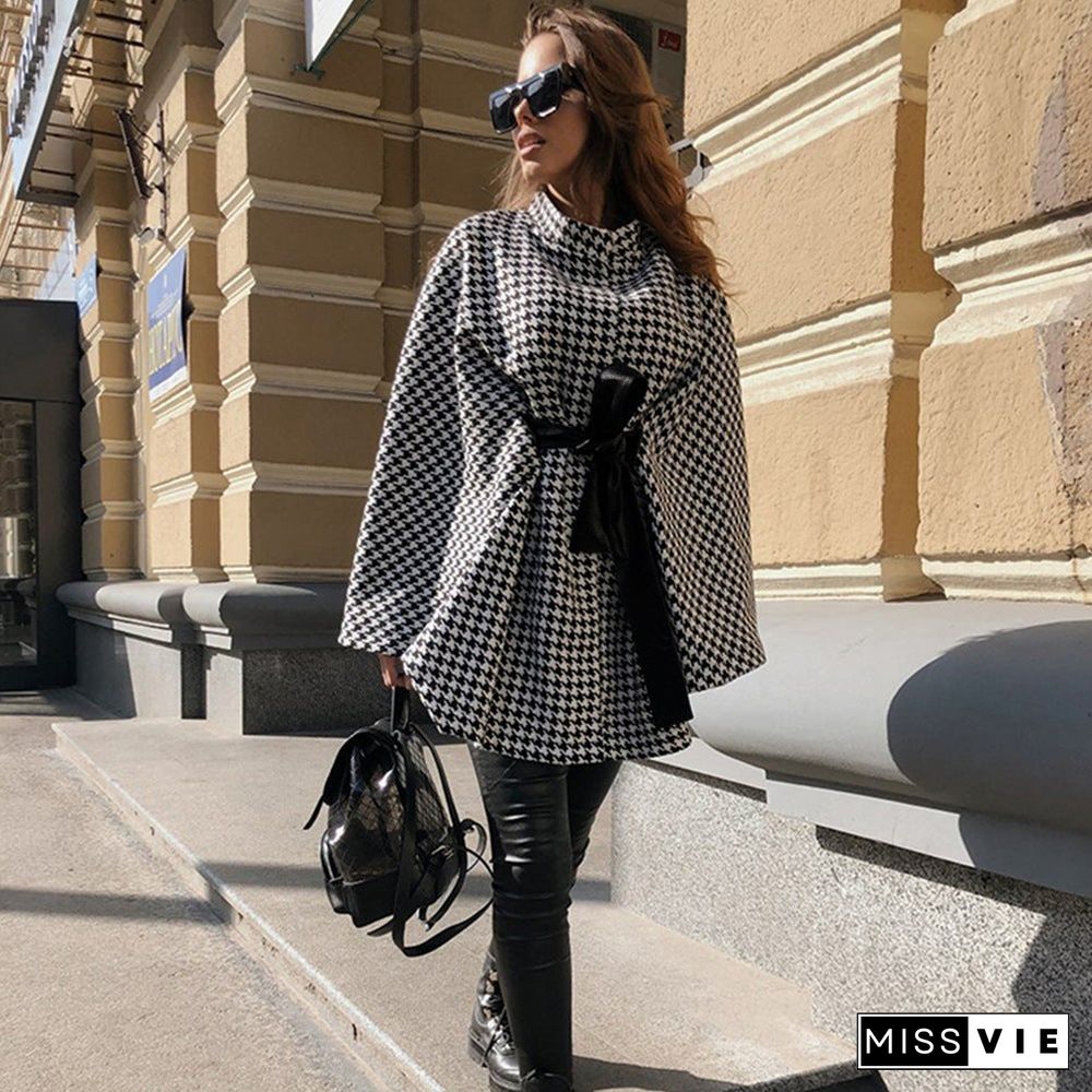 Autumn winter Coat  Houndstooth Woolen Coat Loose Cloak Coat