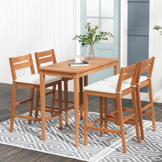 Costway 5 Pcs Patio Eucalyptus Wood Bar Set Bar Height Dining Table amp 4 Cushioned Chairs