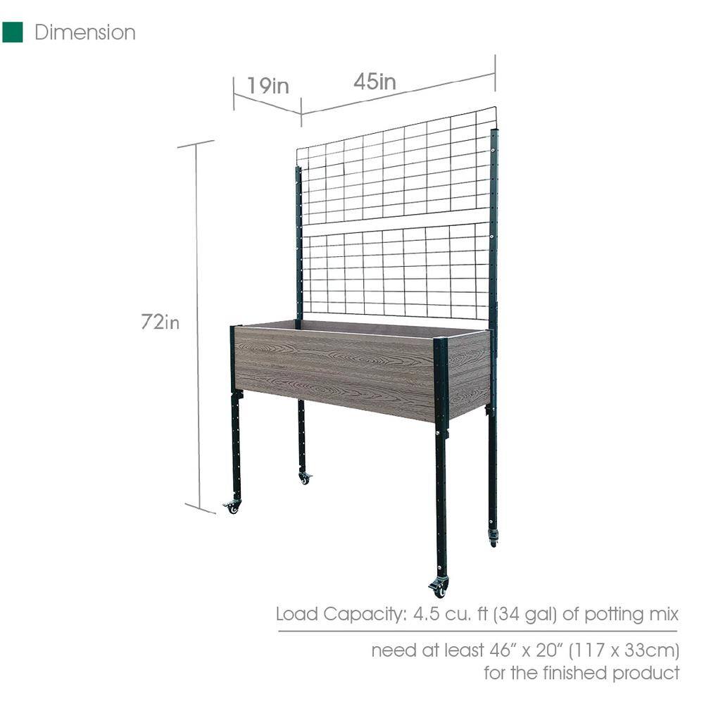 EverBloom 19 in. D x 36 in. H x 45 in. W Grey and Black Composite Mobile Garden Planter Raised Bed with Trellis and Under Shelf K2101G