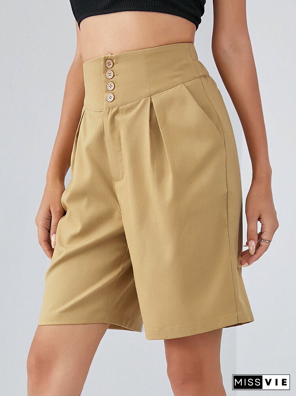 Plain Button Front High Waist Bermuda Shorts with Pocket