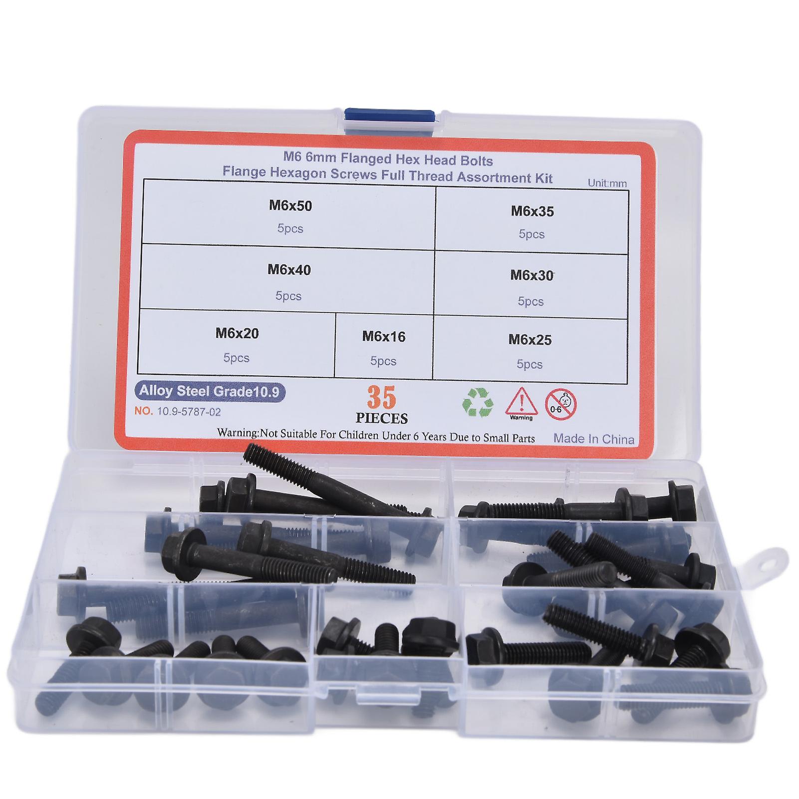 35pcs Flange Bolt M6 10.9 Level Carbon Steel Hex Bolts Assortment Set Kit Black For Connection