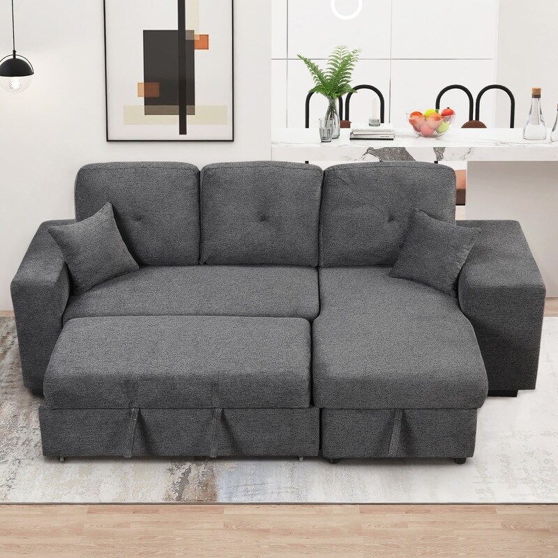 Reversible Sleeper Sectional Sofa Couch with Side Shelf and 2 Stools  Pull Out L Shaped Sofa Bed  Corner Sofa Bed with Storage