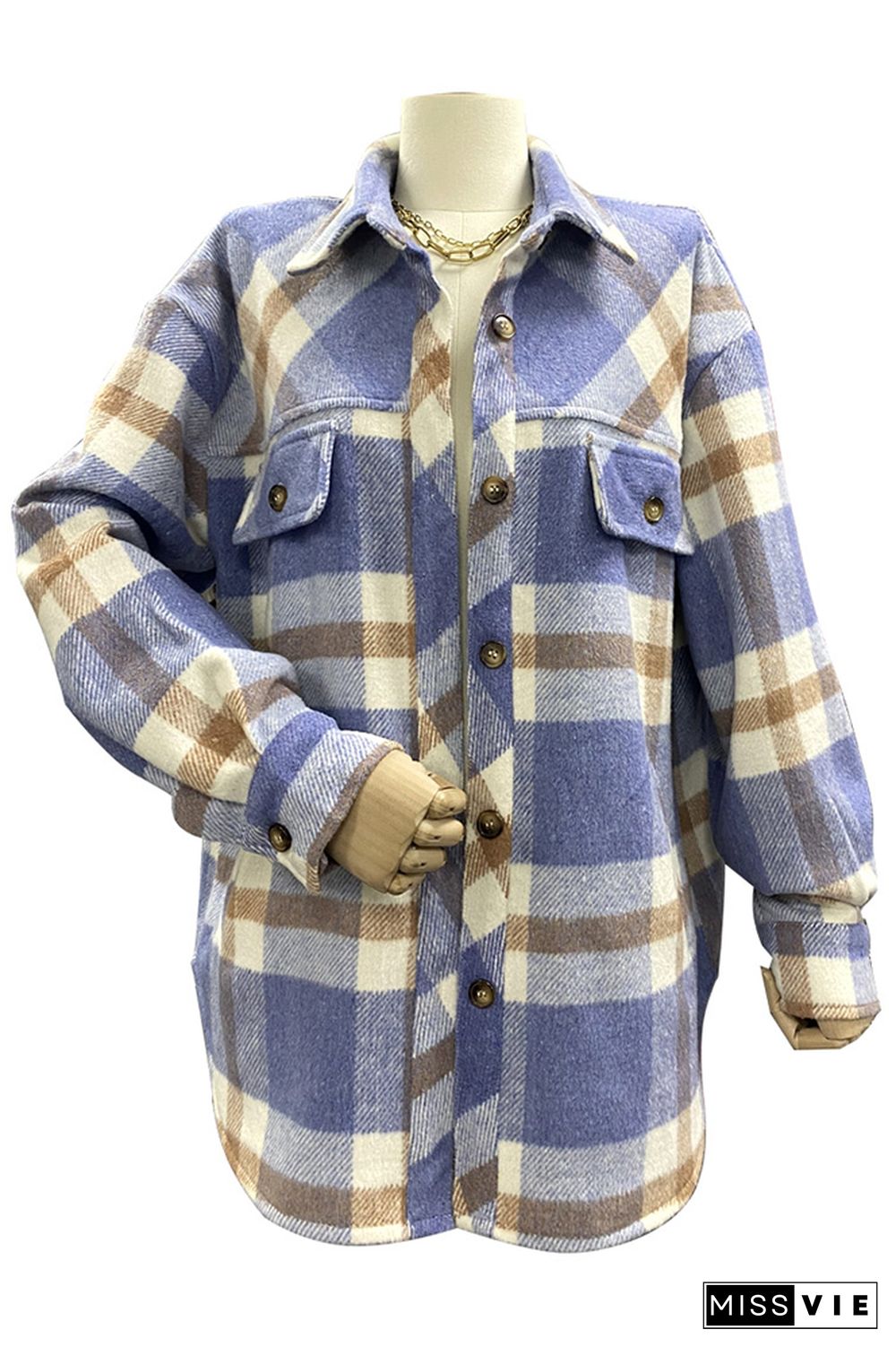 Plaid Lapel Button Up Pockets Shacket Jacket