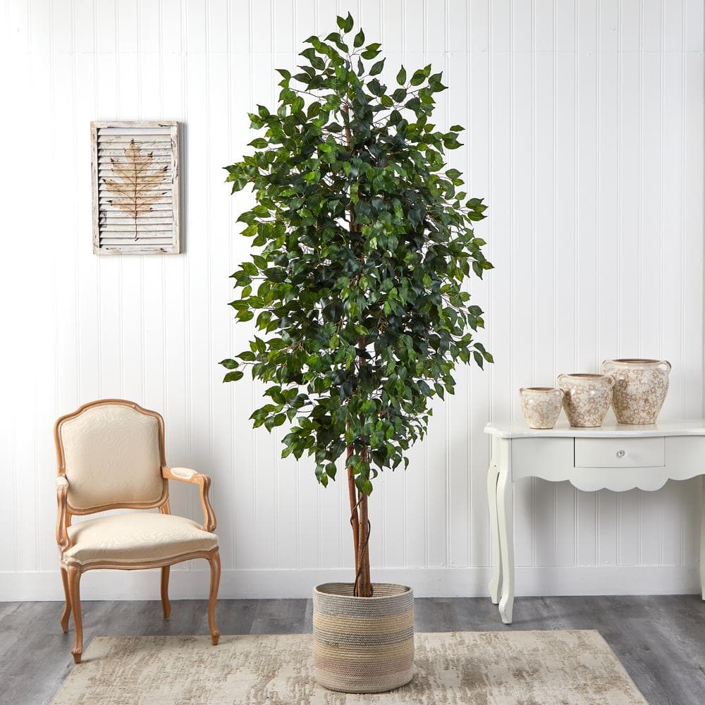 Nearly Natural 8 ft. Green Ficus Artificial Tree with Handmade Natural Cotton Multicolored Woven Planter T2904