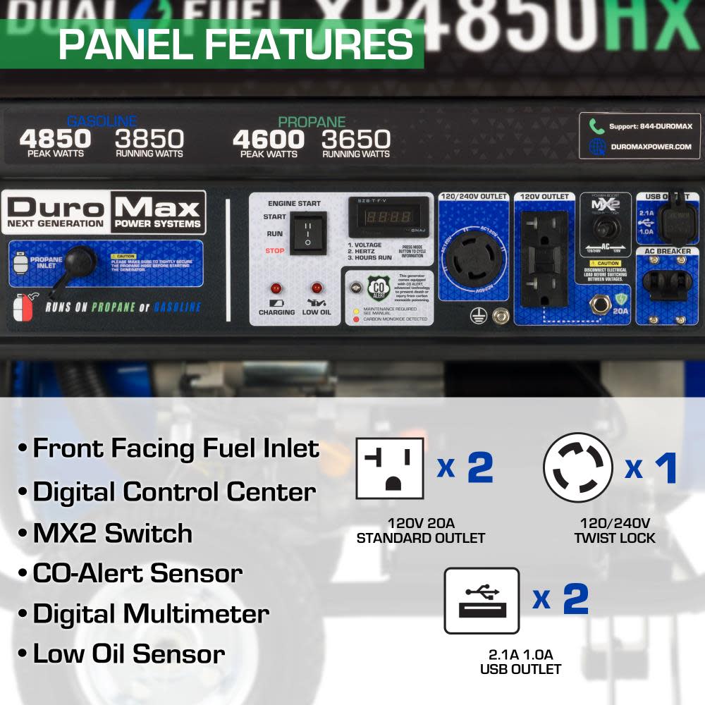 DuroMax Generator Dual Fuel Gas Propane Portable with CO Alert 4850 Watt ;