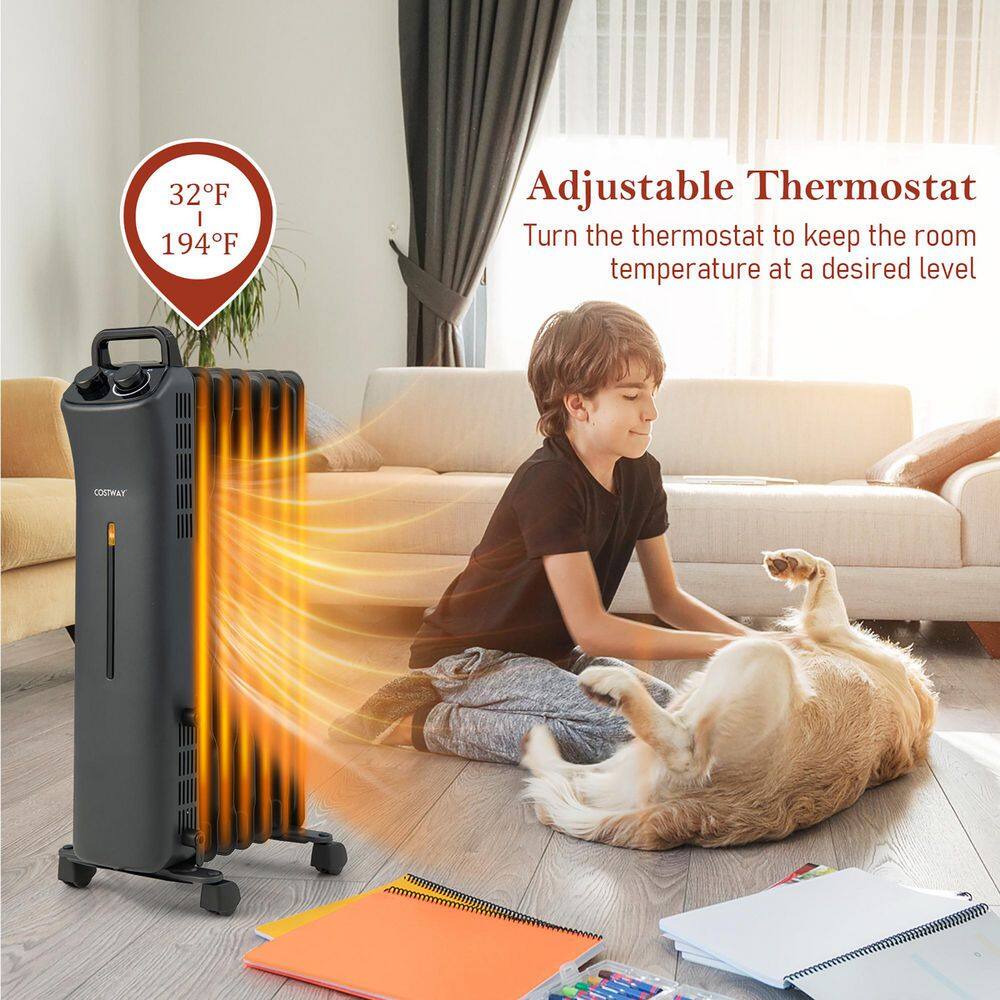 Costway 1500-Watt Electric Heater Oil Filled Space Heater with Adjustable Thermostat EP25436US-BK