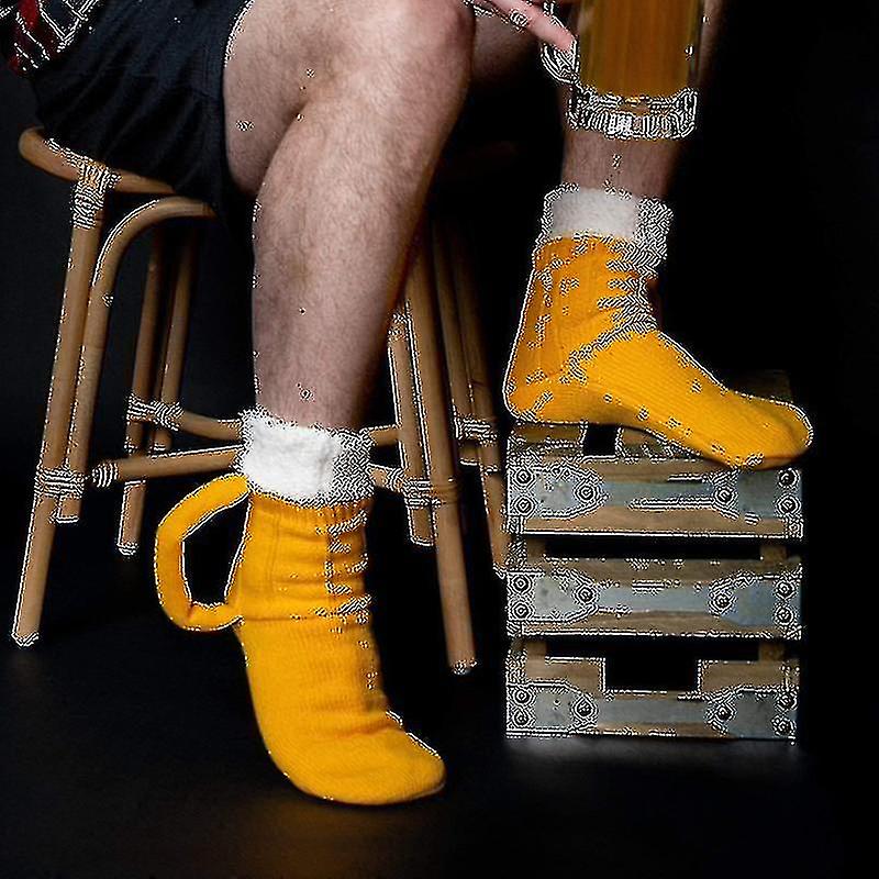 3d Beer Mug Socks Cute Unisex Funny Novelty Yellow Knit Socks Winter Warm Thick Floor Sock For Men