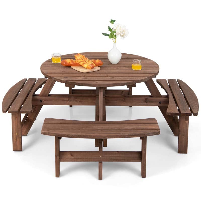 8-Person Outdoor Wooden Round Picnic Dining Table Bench Set with Umbrella Hole & 4 Benches