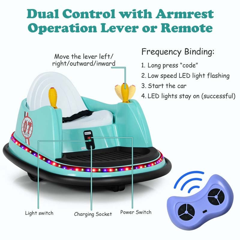 6V Kids Ride On Bumper Car 360-Degree Spin Race Toy with Dual Joysticks, Flashing LED Light, Remote Control