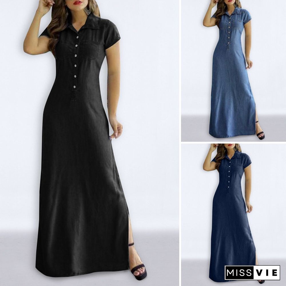 Plus Size Women Short Sleeve Lapel Button Up Denim Shirt Dress Fashion Side Slit Holiday Party Tunic Maxi Dresses Robe Femme