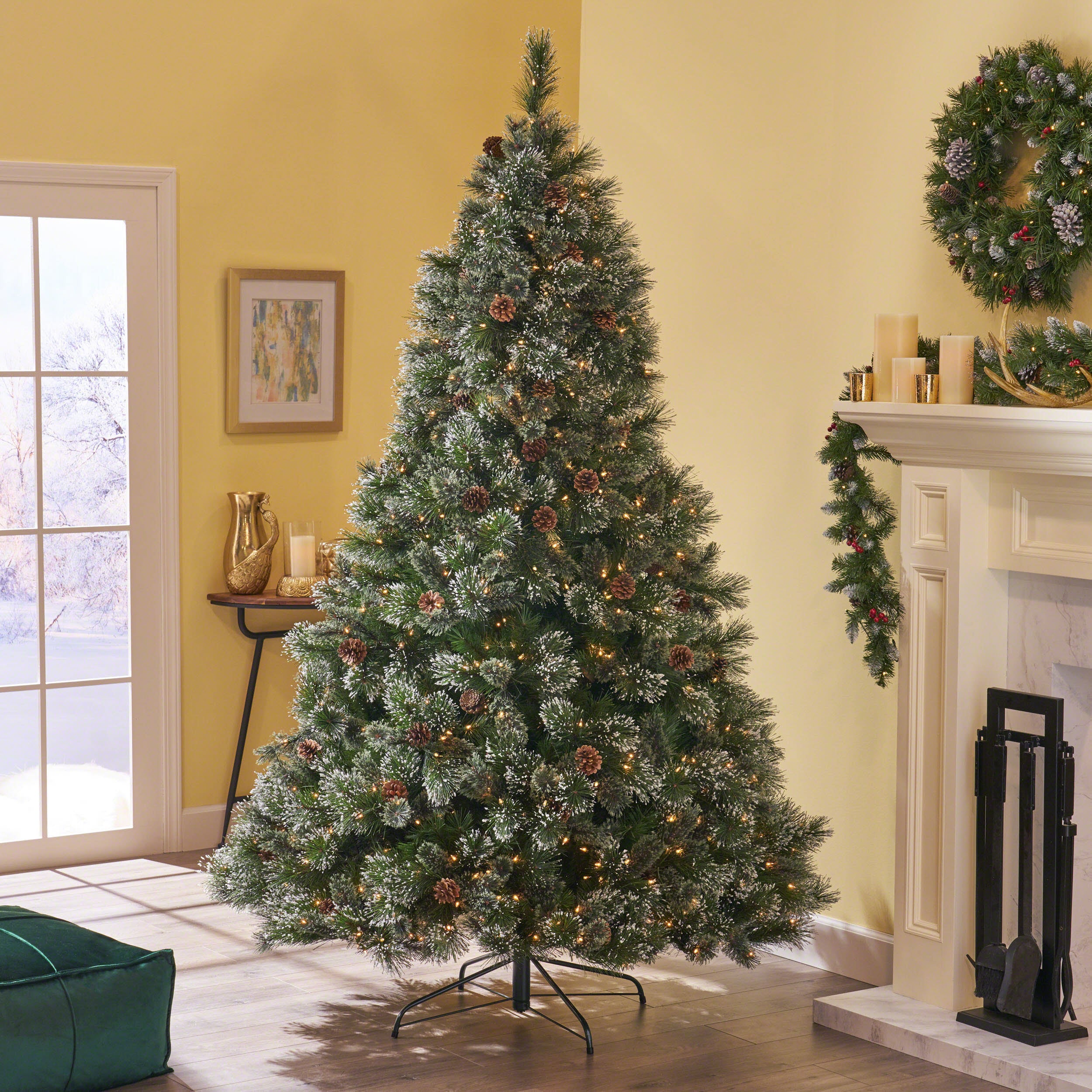 7-foot Cashmere Pine and Mixed Needles Hinged Artificial Christmas Tree with Snowy Branches and Pinecones