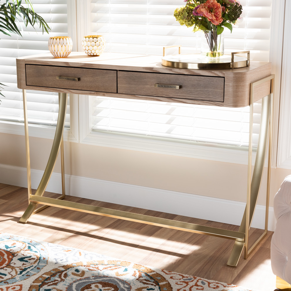 Lyla Natural Brown Finish and Gold Finished 2 Drawer Console Table   Contemporary   Console Tables   by Baxton Studio  Houzz