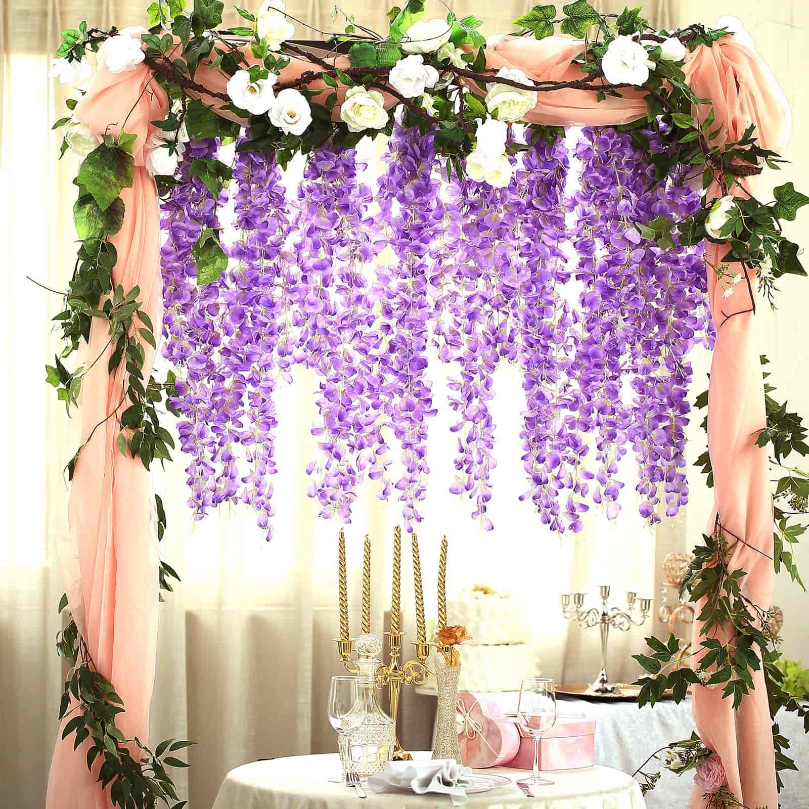 Lavender Lilac Artificial Silk Hanging Wisteria Flower Garland Vines - Elaborated 5 Full Strands in 1 Bush 42