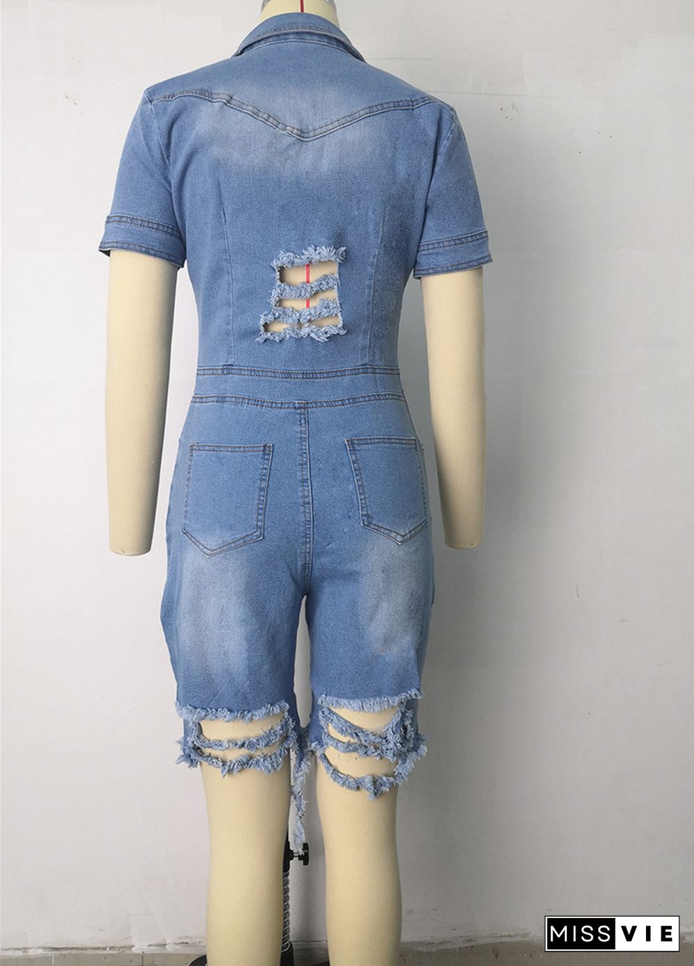 Short Sleeve Ripped Holes Button Denim Rompers