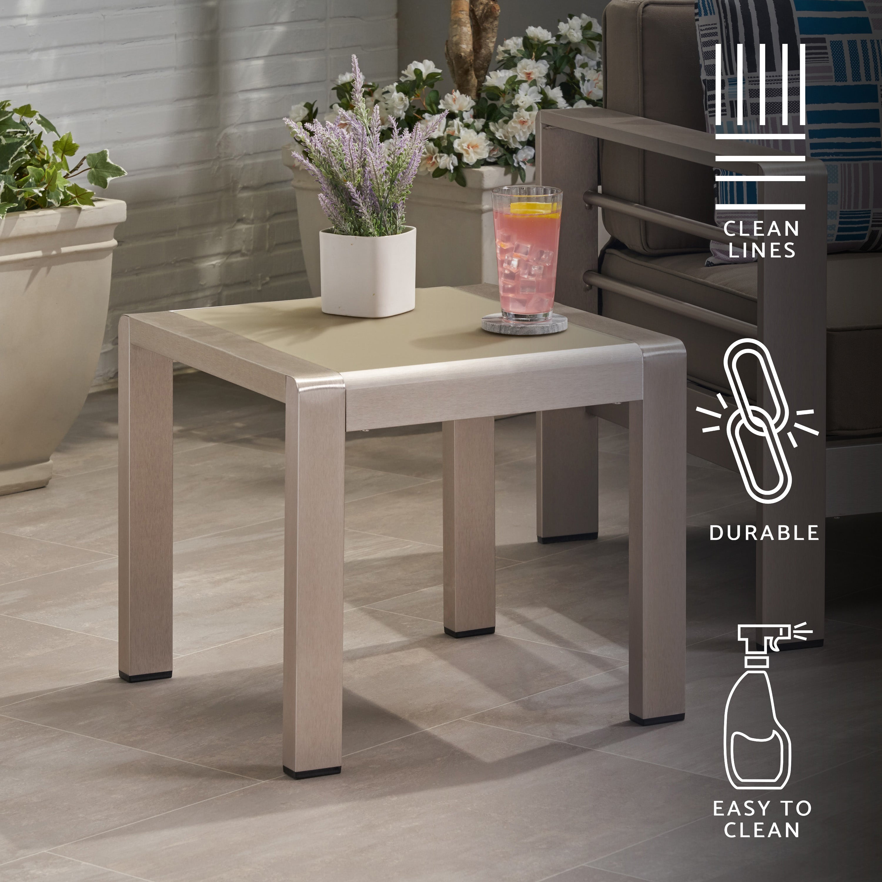 Giovanna Coral Outdoor Aluminum Side Table with Glass Top