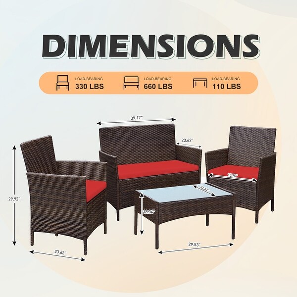 4 Piece Patio Conversation Wicker Furniture Set，Outdoor Rattan Sectional Furniture Set With Cushions