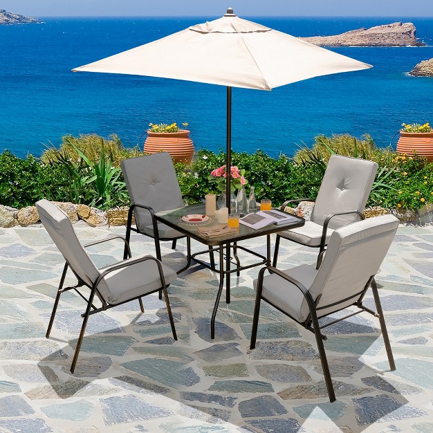 Costway Patiojoy 5pcs Patio Dining Set 4 Stackable Chairs Cushioned Square Glass Table