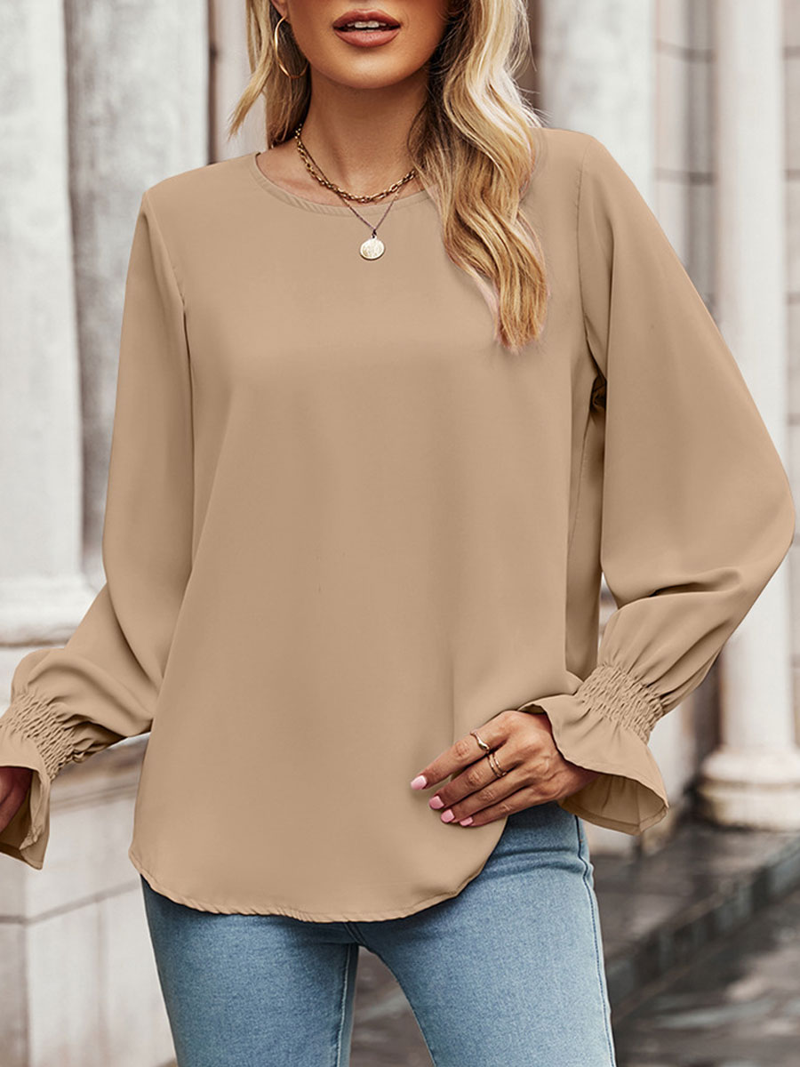 Round Neck Casual Loose Solid Color Long Sleeve Blouse