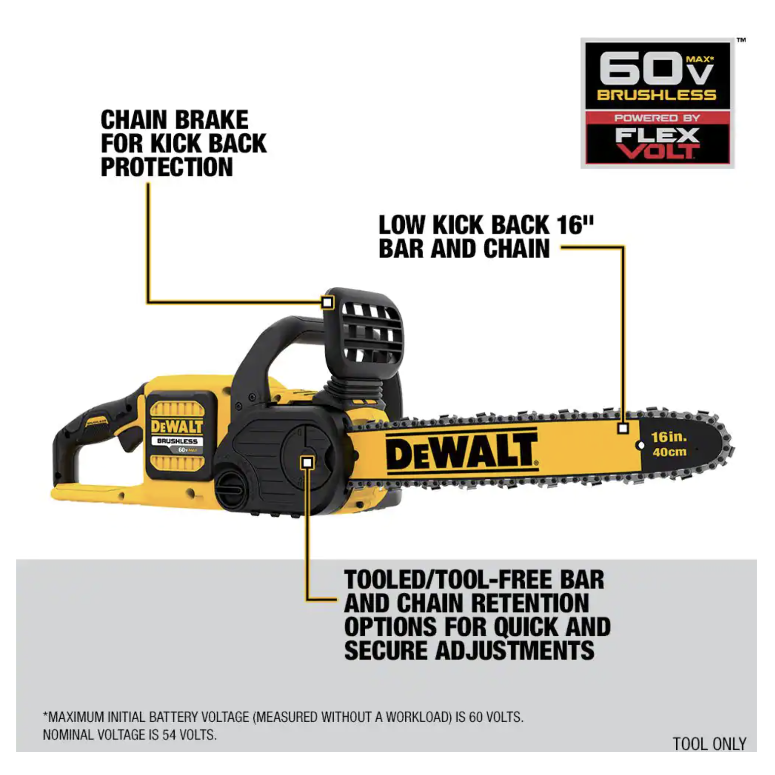 Dewalt 60V Max 16in. Brushless Cordless Battery Powered Chainsaw， Tool Only (DCCS670B)