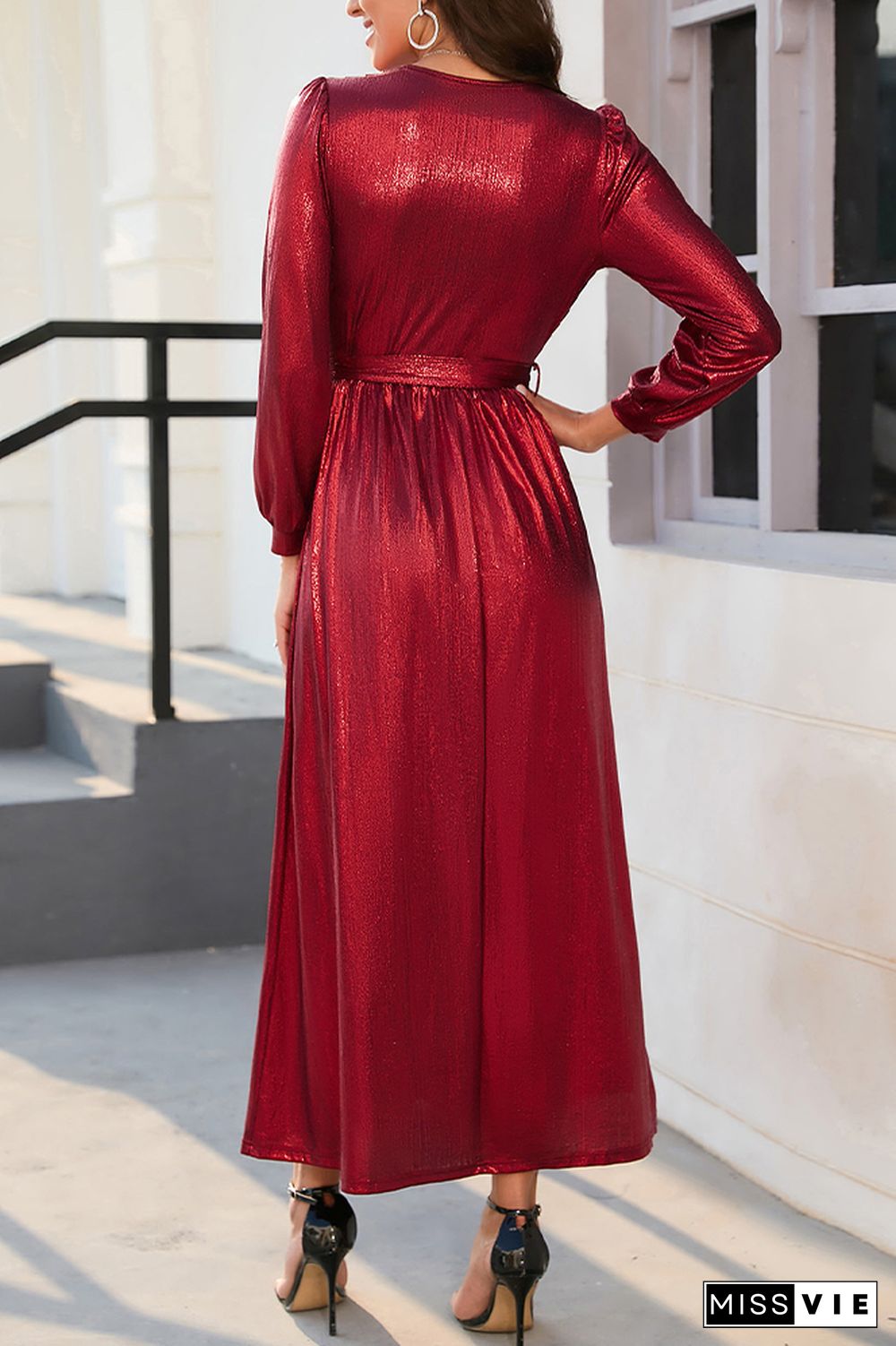 Wrap V Neck Shiny Puffy Sleeves Maxi Dress