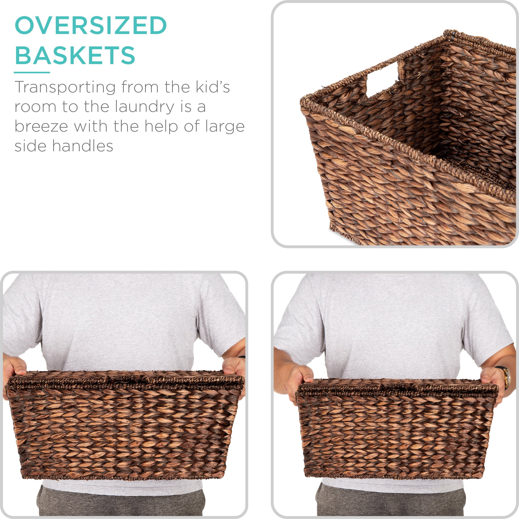 Best Choice Products Set of 2 XL Water Hyacinth Woven Tapered Storage Basket Chests w/ Attached Lid, Handle Hole