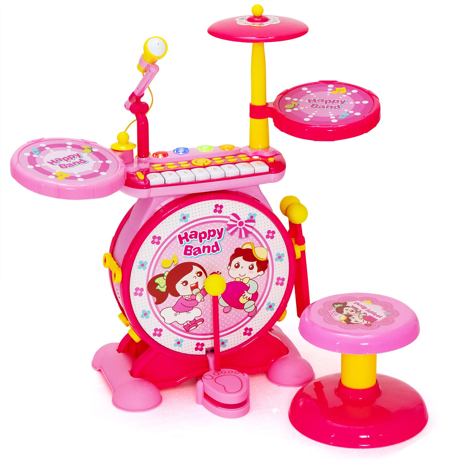 Costzon Kids Electronic Drum & Keyboard Set, 2-in-1 Roll Jazz Drum Kit with Stool