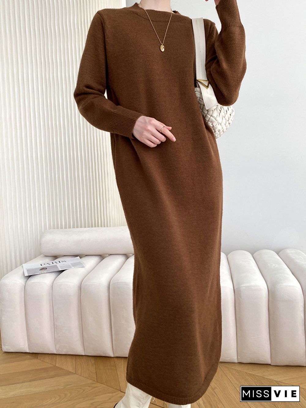 Urban Loose Long Sleeves Solid Color Round-Neck Sweater Dresses