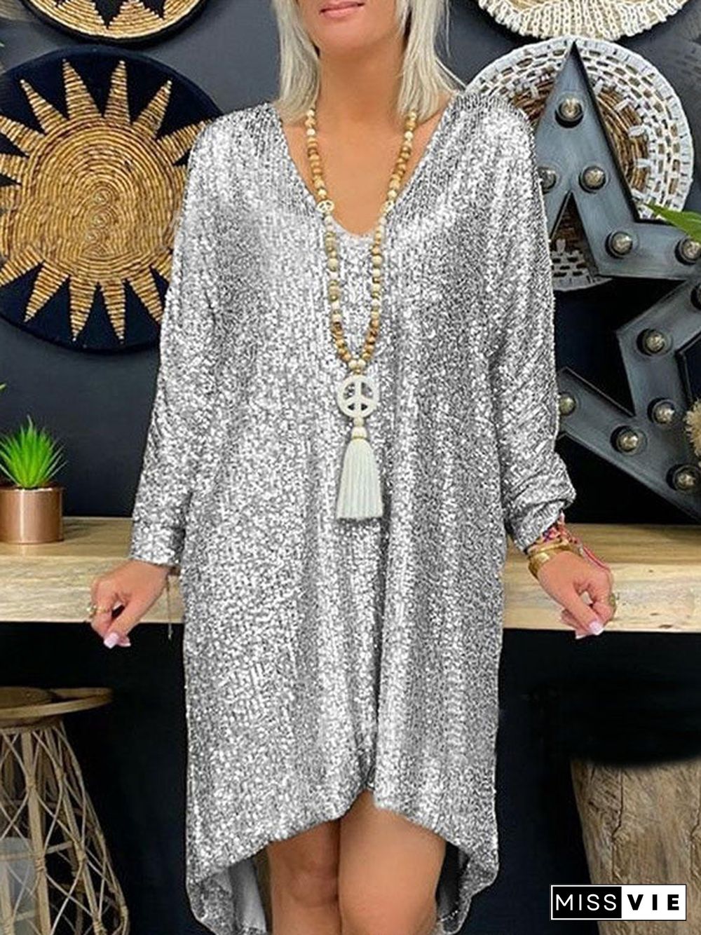 Women'S Dresses Loose Sequin V-Neck Long Sleeve Dress