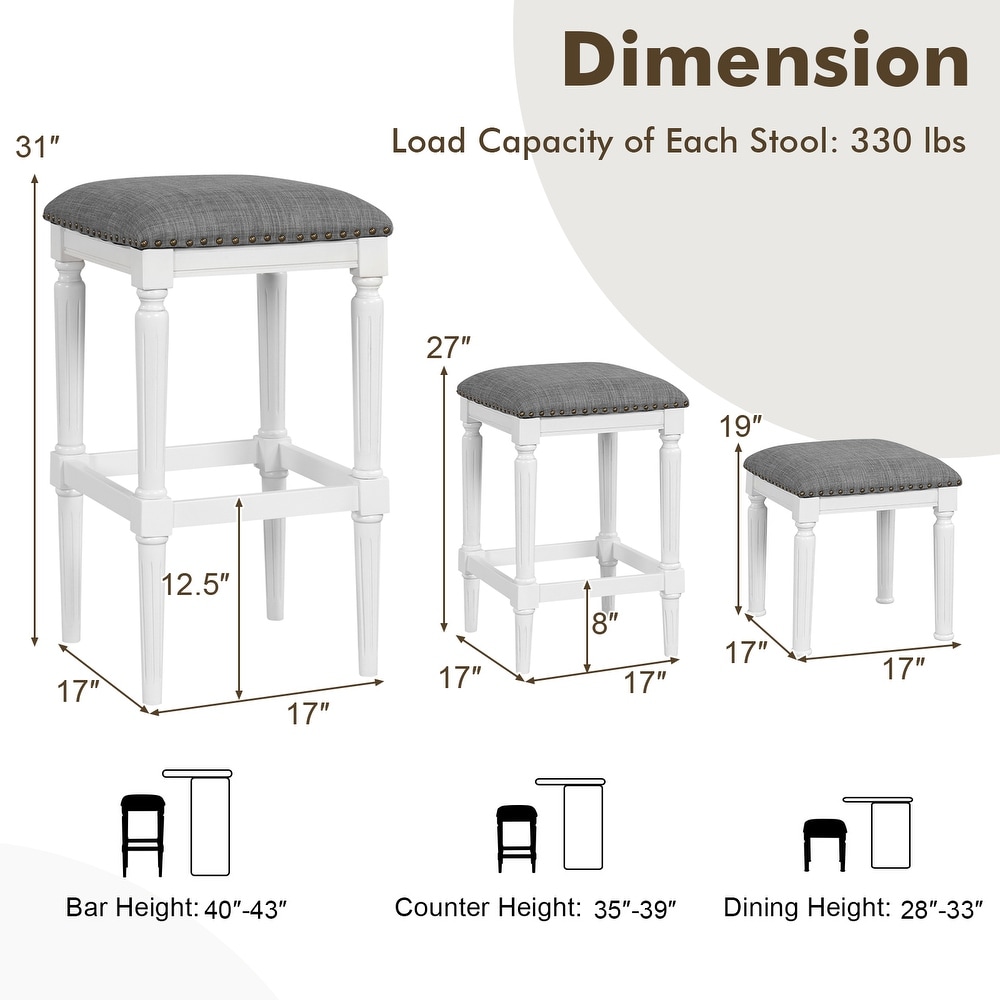 3 Heights Square Saddle Stool Set of 2 with Footrests and Padded Seats Grey   17\