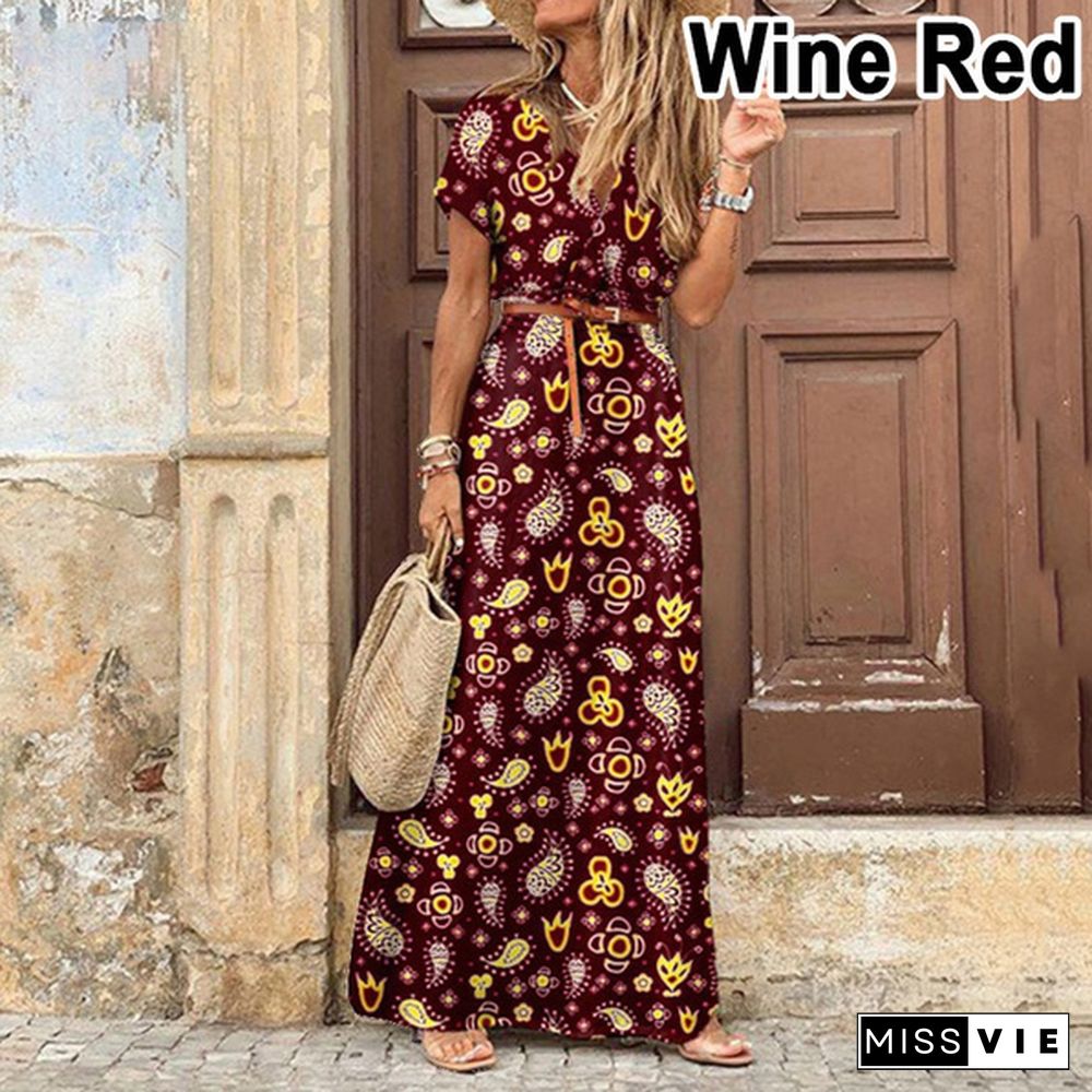 Summer Women's Fashion Retro Floral Elegant Dress Ladies Loose Casual Long Dress One-piece Bohemian Dress with Free Belt