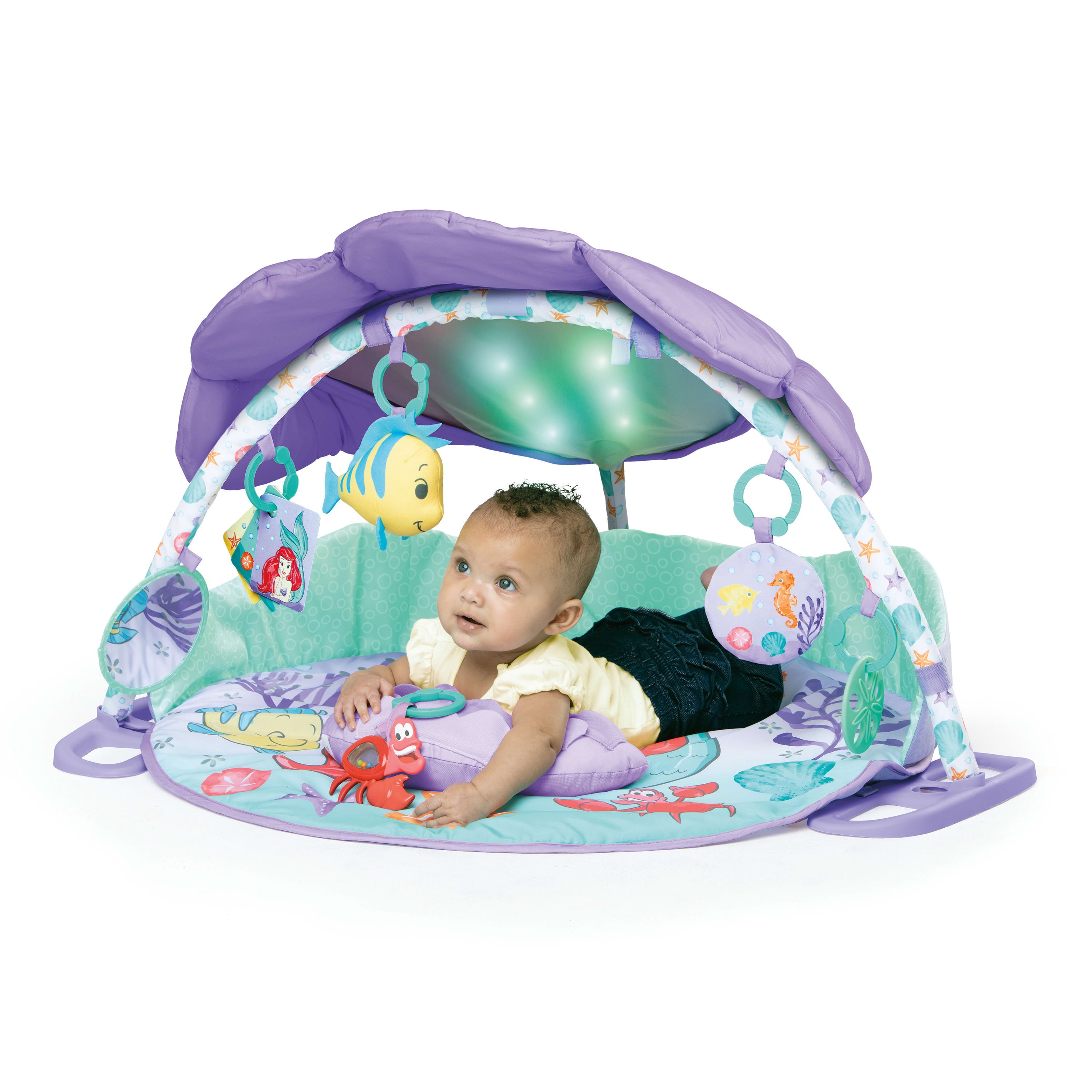 Bright Starts The Little Mermaid Twinkle Trove Light-Up Musical Baby Activity Gym with Tummy Time Pillow， Newborn+