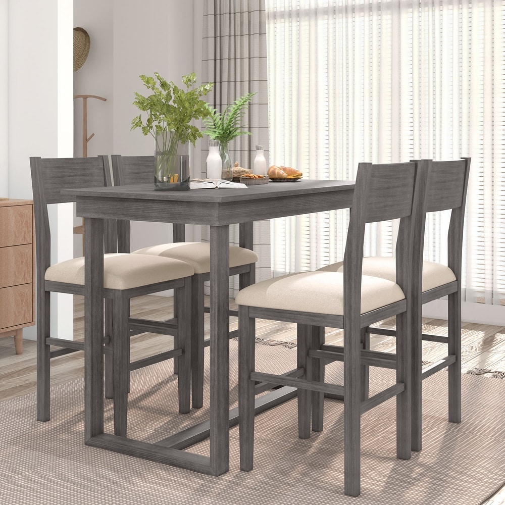 Rectangular 5 Piece Modern Solid Wood Fixed Dining Table Set with Linen Fabric Chairs and Wood Dining Table for Dining Room