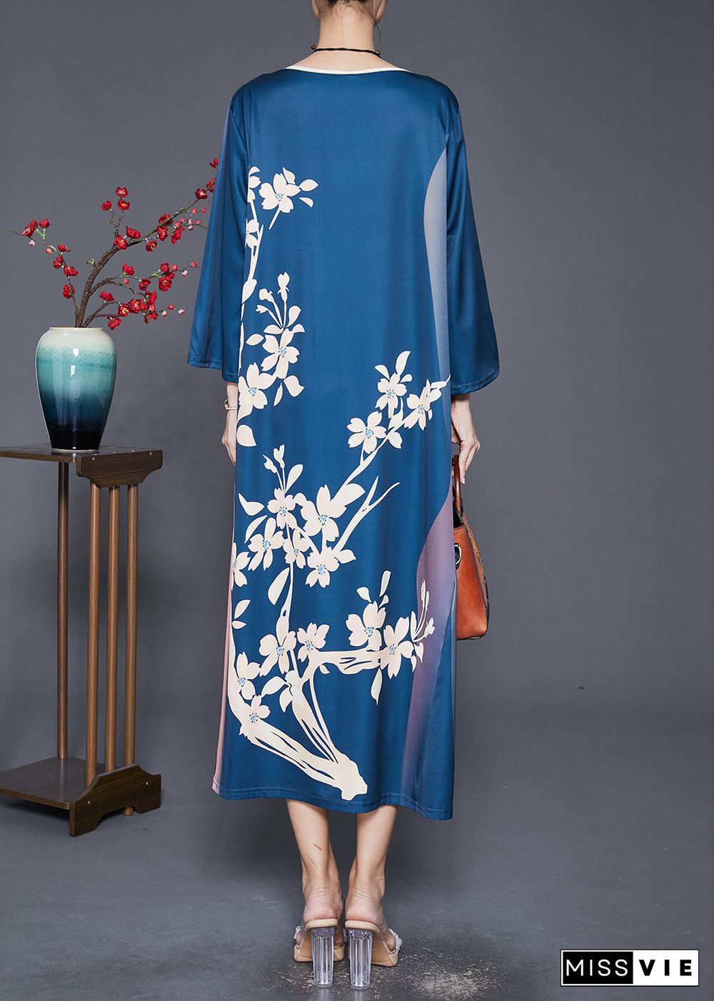 Beautiful Navy Oversized Print Silk Long Dress Fall