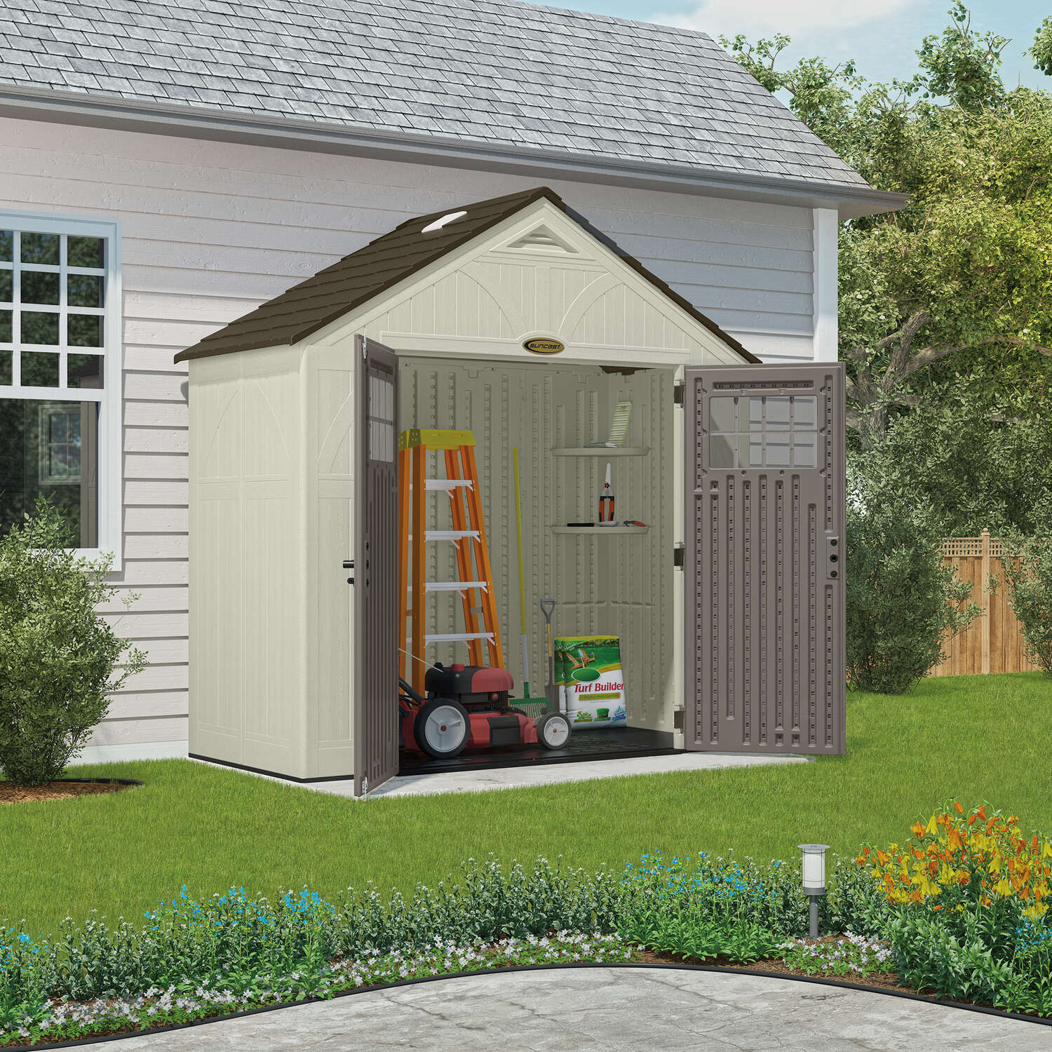 Suncast Tremont 8 ft. x 7 ft. Resin Vertical Peak Storage Shed with Floor Kit