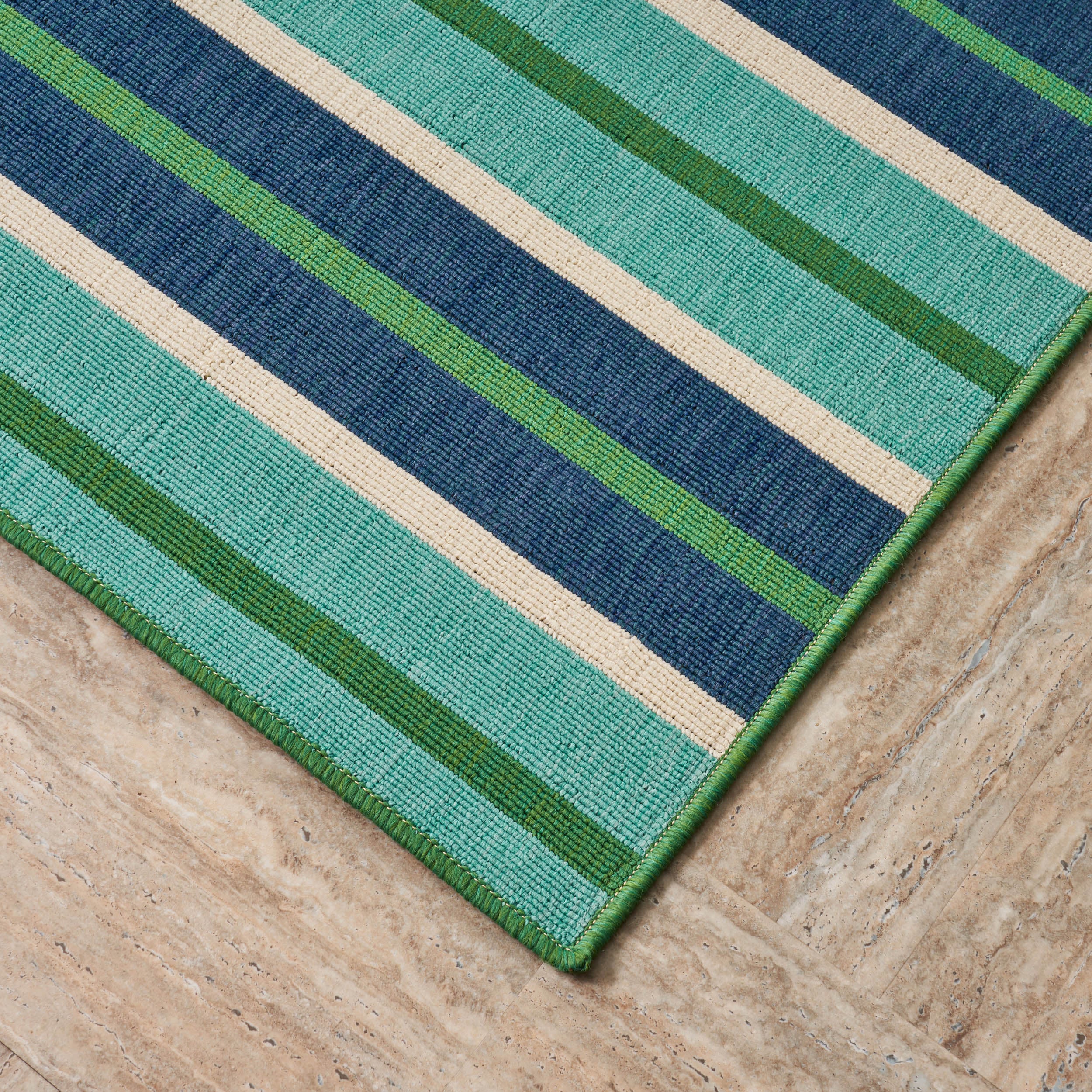 Khaidyn Outdoor Modern Striped Blue and Green Rectangular Area Rug