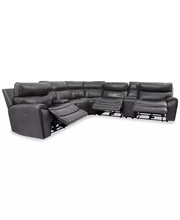 Furniture CLOSEOUT! Hutchenson 7-Pc. Leather Sectional with 3 Power Recliners Power Headrests and 2 Consoles with USB